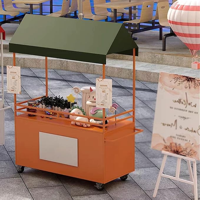 JKGHK Vending Iron Cart with Canopy, 4-Wheel Portable Mobile Dining Market Stall, Outdoor Dining Carts Market Stall, for Street Food, Handicrafts, Snacks(Red white,100cm/39.3in)