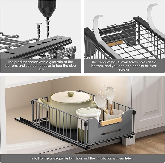 Pull Out Cabinet Organizer, Slide Out Drawers for Cabinets, Peel and Stick, Heavy Duty Shelves for Kitchen, Cupboard, Pantry, Bathroom, Short - Gray