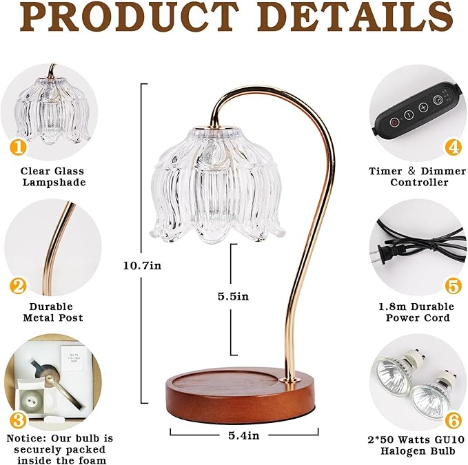 Funistree White Clear Candle Warmer Lamp with Timer Dimmer, Flower Candle lamp Warmer, 2 Bulbs, Wax Melter Warmer for Jar Scented Candles, Christmas Birthday Gifts Ideas for Women Mom