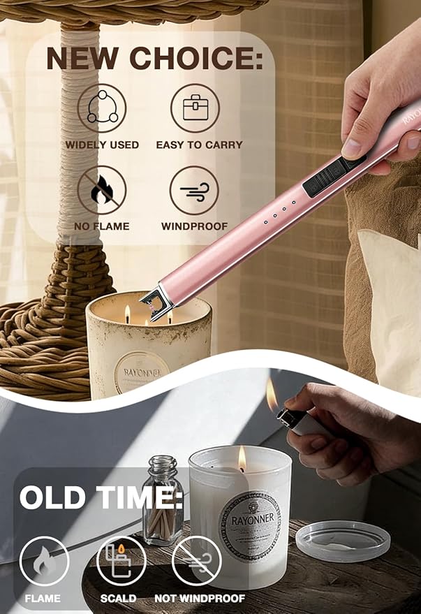 RAYONNER Rechargeable Electric Candle Lighter Windproof Plasma Arc Lighter for Deep Jars BBQ Camping Flameless Fire Starter Christmas Stocking Stuffers Gift Rose Gold+Pink/Violet Gradient