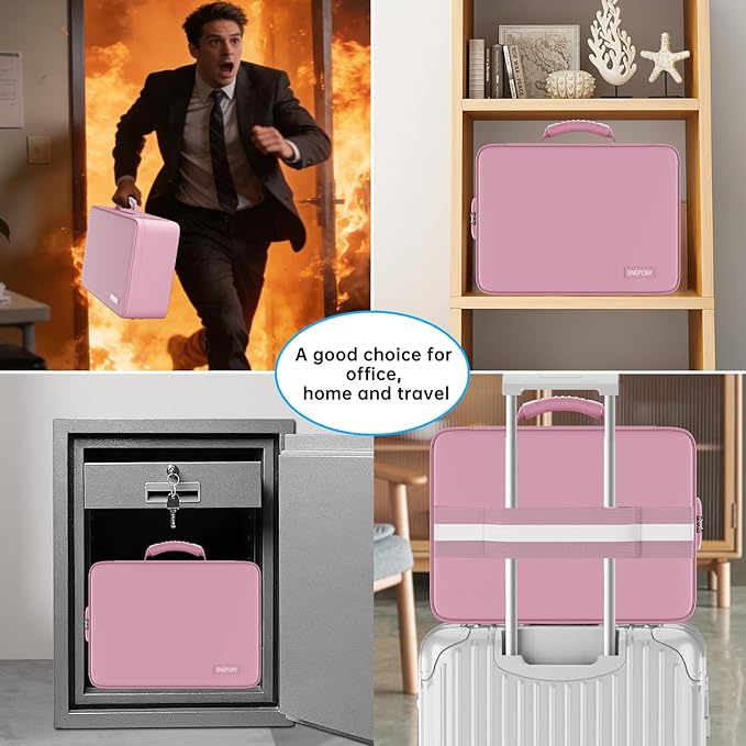 ENGPOW Fireproof File Organizer Bag with 13 Colorful Pockets Accordion File Folder,5200℉ Document Organizer Box with Lock&Labels,Multi-Layer Portable Home Safe Storage for Important Documents,Pink