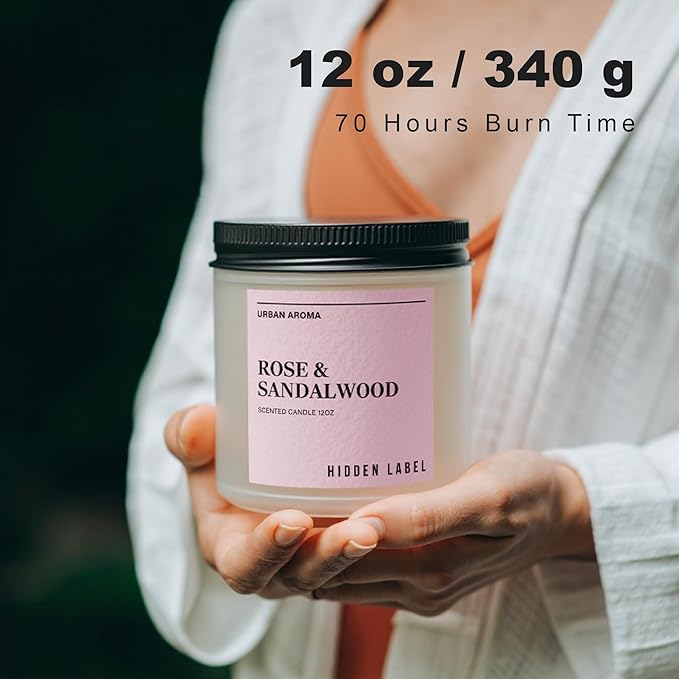 Hidden Label Rose Sandalwood Scented Candle, 12oz 2 Wick Natural Soy Non Toxic Candles, Clean Burning Long Lasting Aromatherapy for Home | Gifts | Décor,Premium Scents for Relaxation & Stress Relief