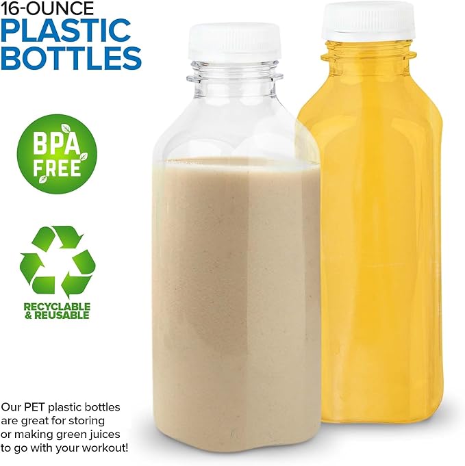 Juice Bottles with Caps for Juicing & Smoothies, Reusable Clear Empty Plastic Bottles with Caps, 16 Ounce Drink Containers for Mini Fridge, Juicer Shots, Small Water Bottles Bulk 16 oz (12 Pack)
