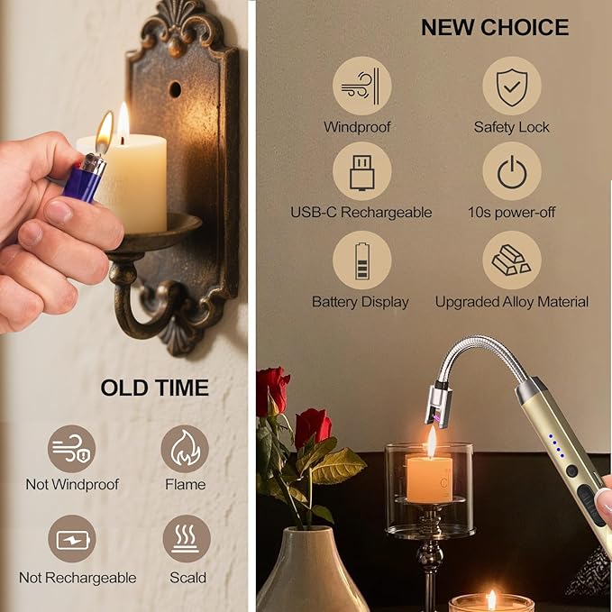 Candle Lighter, Windproof Flameless Electric lighters, Long Lighter with 360° Neck & Safety Switch, USB-C Rechageable LED Power Display Arc Lighters for BBQ Candle Birthday
