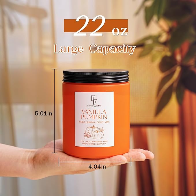 Large Christmas Fall Candle Vanilla Pumpkin Scented, 3-Wick 22oz Long Lasting Scented Candle, Natural Soy Wax Aromatherapy Candle for Home, Holiday Candle Gifts for Women Men