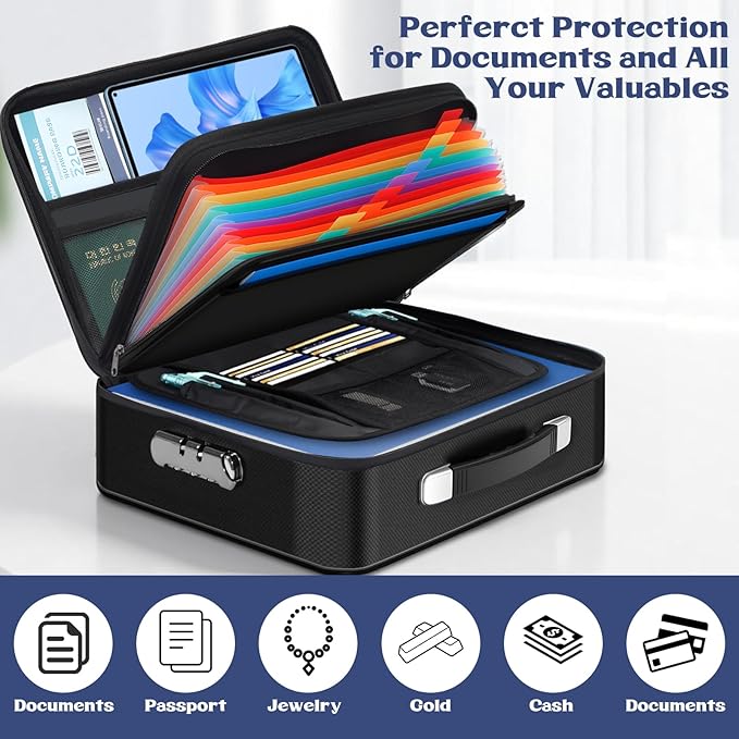 Fireproof Document Box with Lock, Safe Box for Important Documents, Fireproof & Water-Resistant Storage Organizer for Certificates, Passports, IDs