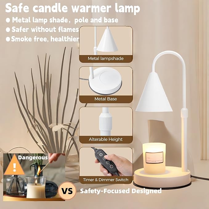 KING SHA Height Adjustable Candle Warmer Lamp with Timer and Dimmer Compatible with Universal Sizes of jar Candles,Wax melt Warmer for Mother's Day, Housewarming, Birthday Gifts,White