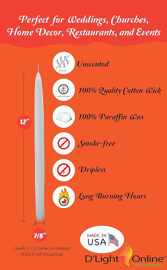 12 Inch Taper Candles, Premium Quality Candles Hand-Dipped Tapered Candles, Dripless, Smokeless and Unwrapped Bulk Pack for Events - Set of 12 (12 Inches, White)