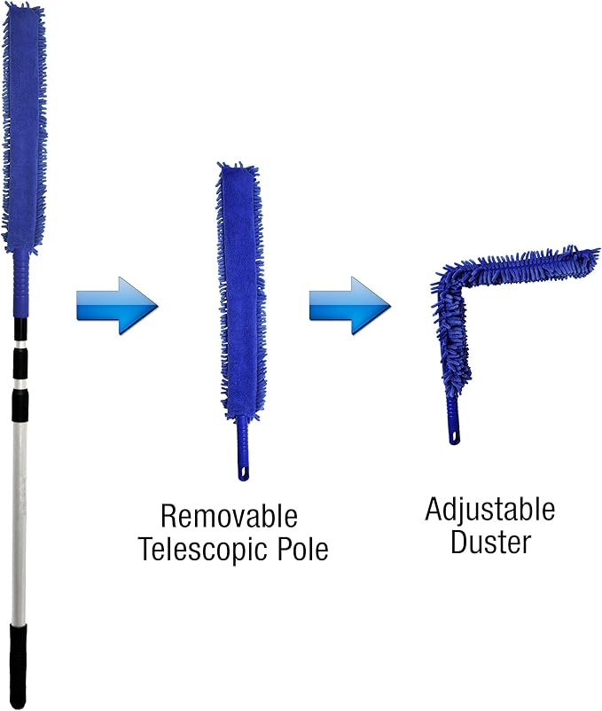 CleanAide Handheld Reusable Microfiber Flex Duster with Adjustable Telescopic Reach Pole – Bendable, Lightweight, Dust Cleaner for Blinds, Shutters, Radiators, Electronics, Glass, Hard-to-Reach Areas