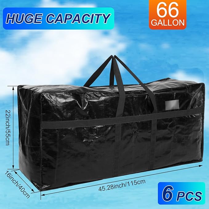 8 Pcs 66 Gallon Extra Large Moving Bags Heavy Duty Storage Bag with Strong Zipper Handle Foldable XXL Jumbo Storage Tote Packing Moving Box for College Dorm Travel Cloth Duffle (Black)