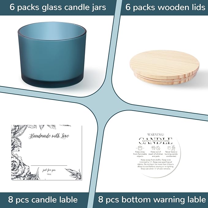 6 Pack Glass Candle Jars with Lids (16oz, Frosted Lake Blue) - Large Candle Jars for 3 Wick Candles Making - Empty Candle Jars Containers - Candle Making Accessories include 16Pcs Candle Labels
