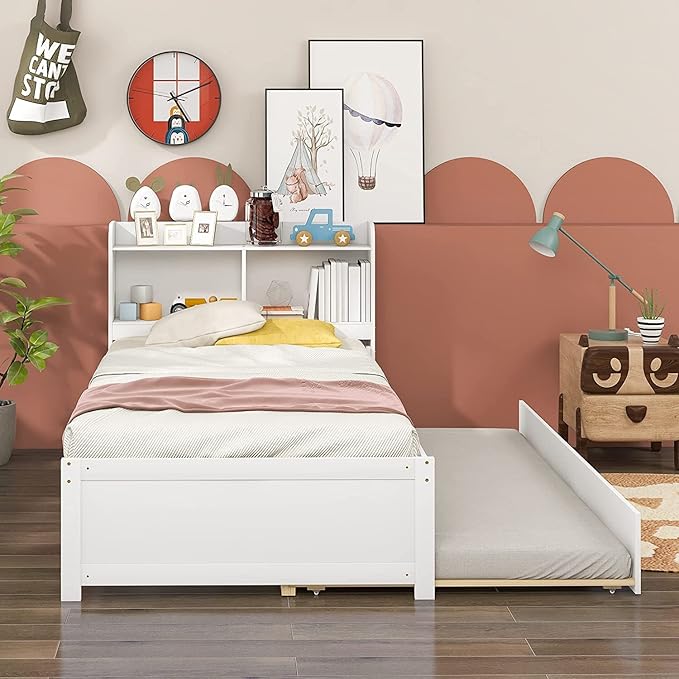 Harper & Bright Designs Twin Bed with Trundle, Twin Bed Frame with Bookcase Headboard, Wood Twin Platform Bed with Pull Out Trundle Bed for Kids Girls Boys,No Box Spring Needed,White