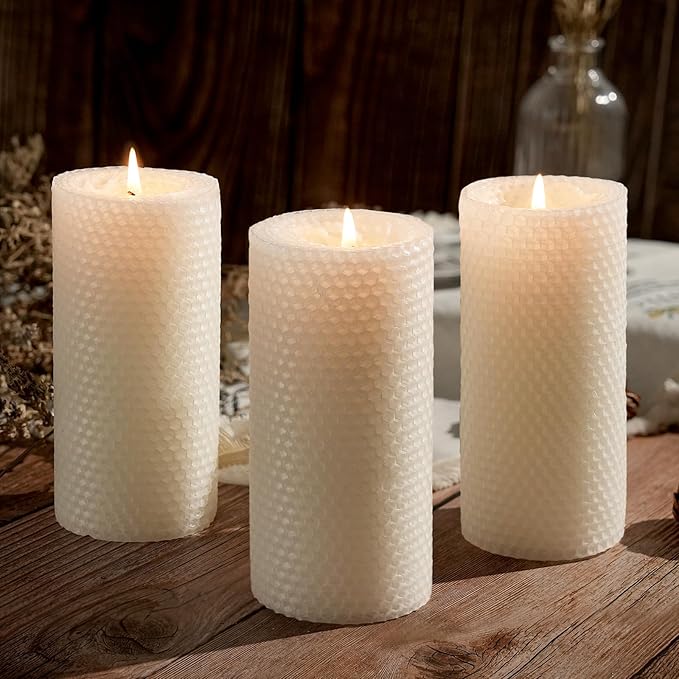 White Beeswax Pillar Candles, 2 Pack Hand-Rolled Beeswax Candles-90 Hours Long Burning, Handcrafted Honeycomb Bees Wax for Home, Bee Themed Gifts for Candle Lovers (2.8x6 in)