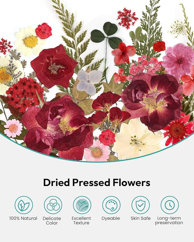 Dried Flowers, Resiners 58Pcs Pressed Flowers for Craft Red Real Natural Dried Flowers Dry Leaves Kit for DIY Making Crafts Resin Soap Candle Scrapbook Supplies Card Making Jewelry