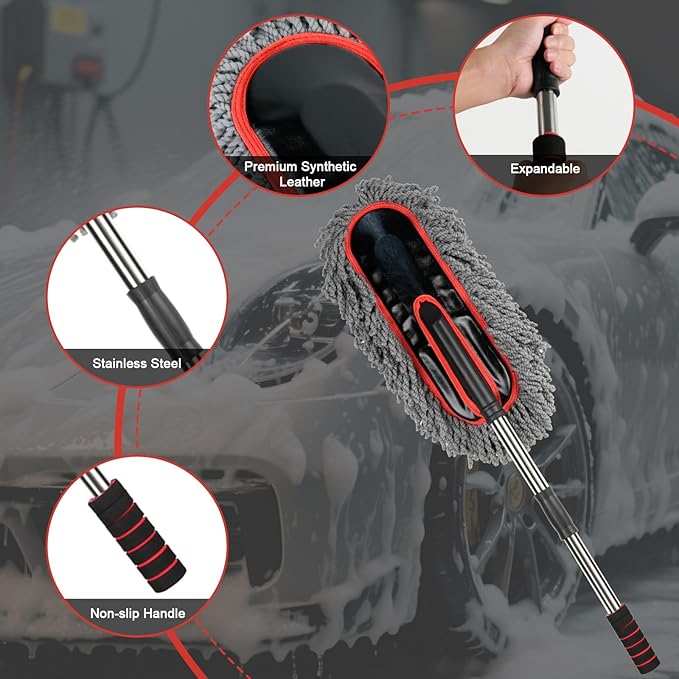 Car Duster Exterior Scratch Free,Microfiber Car Duster with Extendable Handle, with 3PCS Detailing Brush, Exterior Interior Multipurpose for SUV,Truck,RV