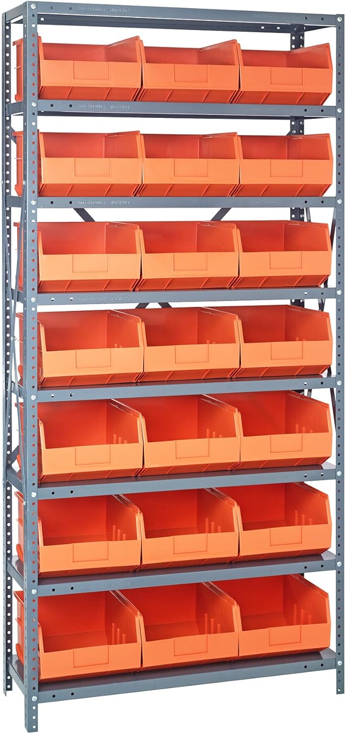 Quantum Storage Systems 1275-445OR Solid Heavy Duty 8 Shelves 21 Stackable Shelf Bins Orange Bins 75" H x 36" W x 12" D
