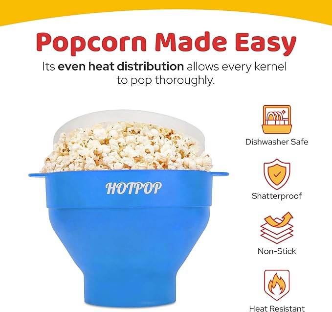 The Original Hotpop Microwave Popcorn Popper, Silicone Popcorn Maker, Collapsible Bowl BPA-Free and Dishwasher Safe- 20 Colors Available (Azure)
