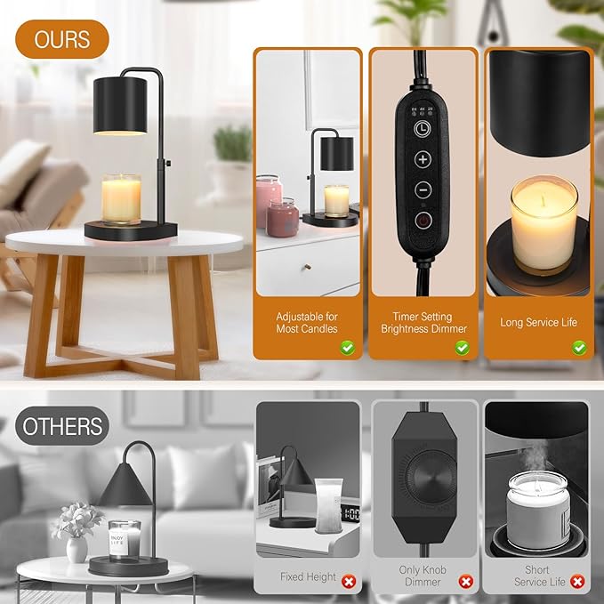zukakii Candle Warmer Lamp Adjustable Height Dimmable with Timer Large Jar Candles Compatible - No Flame Scented Wax Warmer with 2 Bulbs - Mothers Day Gift - Black