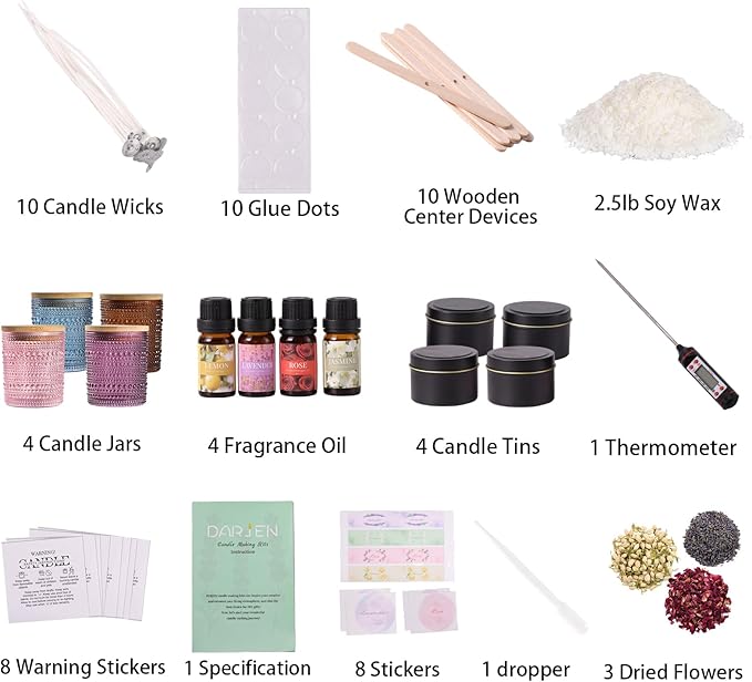 DARJEN Candle Making Kits for Adults - Candle Making Supplies with 4 Candle Jars(Amber, Pink, Blue, Purple), Candle Tins, Soy Wax, Scents, Dried Flower & More, DIY Starter Candle Making Kit Home Decor