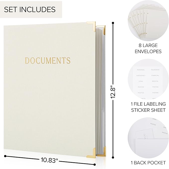 Sturdy Document Organizer Set with Folders - Beautiful Linen 3-Ring Binder Safely Stores All Important Documents & Files in One Place - Easy to Use Expanding Storage Incl. Envelopes, Pockets & Labels