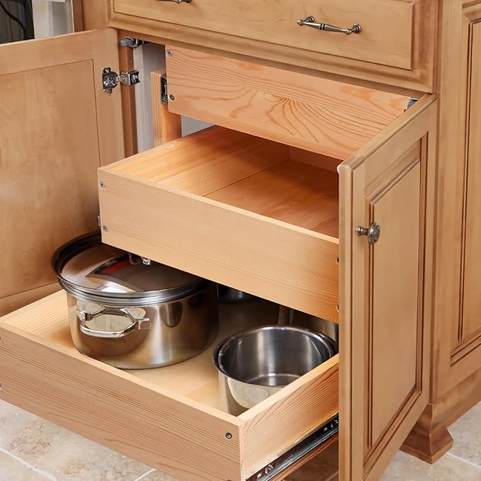 Mulush Pull Out Drawers For Cabinets, 26''W×21''D×19''H Soft Close Slide Out Wood Shelves Storage Organizer for Kitchen, 3-Tier, Finished, Heavy-Duty, Bottom Assembly