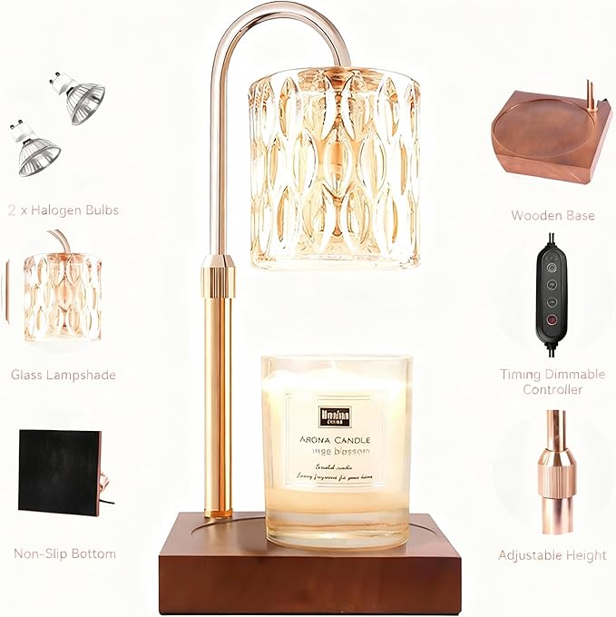MATMO Candle Warmer Lamp with Timer & Dimmer, Height Adjustable Candle Warmer Light Compatible with Jar Scented Candles(Not Included), Table Candle Warming Lamp with 2 Bulbs for Home Decor(Gold)