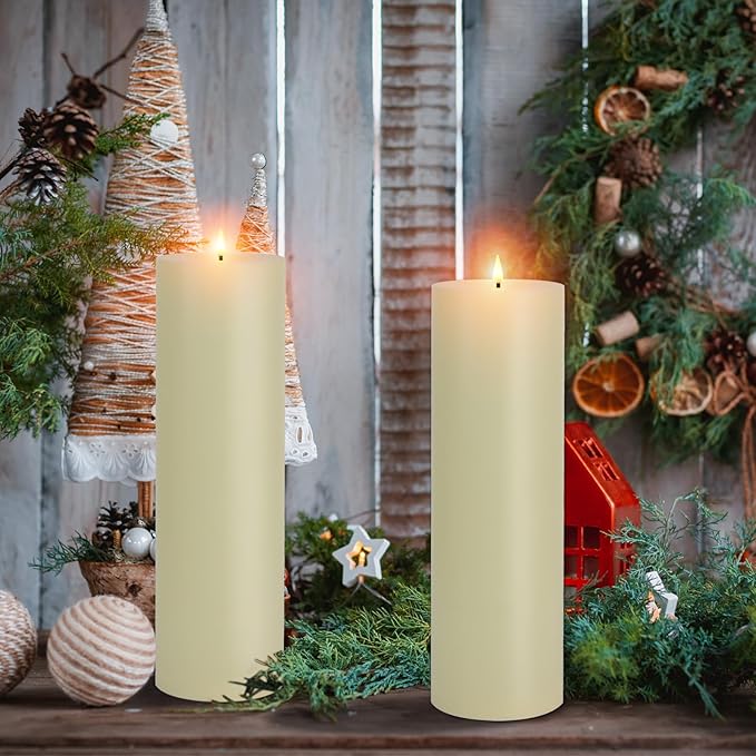 14" x 4" Large Outdoor Candles with Timer Waterproof, Remote Control Flickering Flameless Candles Battery Operated, Tall Fake LED Pillar Candle for Patio Porch Lantern, Ivory, 2 Pack