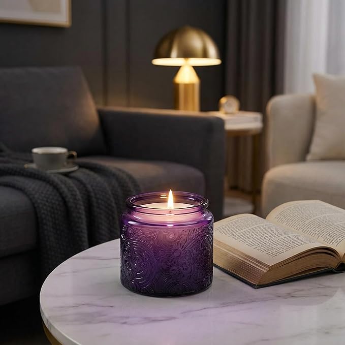 9-Pack 10 oz Sun Moon Star Embossed Glass Candle Jars with Mirror Lids and Labels - Unique Purple Containers with Lids for Candle Making