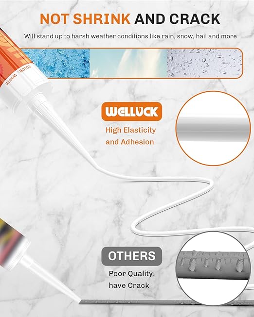 WELLUCK White Silicone Caulk, 100% Waterproof Silicone Sealant Adhesive Caulking,for RV, Kitchen,Bathroom, Window, Door, Glass,10.2FL.OZ/300ML (4-Pack)