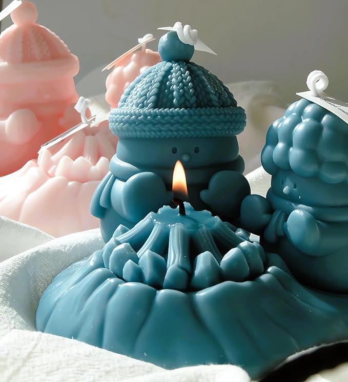 Snowman Silicone Mold, Snowman Warm at a Fire Candle Mold for Soap Soy Wax DIY Handcraft, Yeti Resin Mold Gift Wedding Party Home Dinner Festive Days Car Decoration (Curly Hair Snowman)