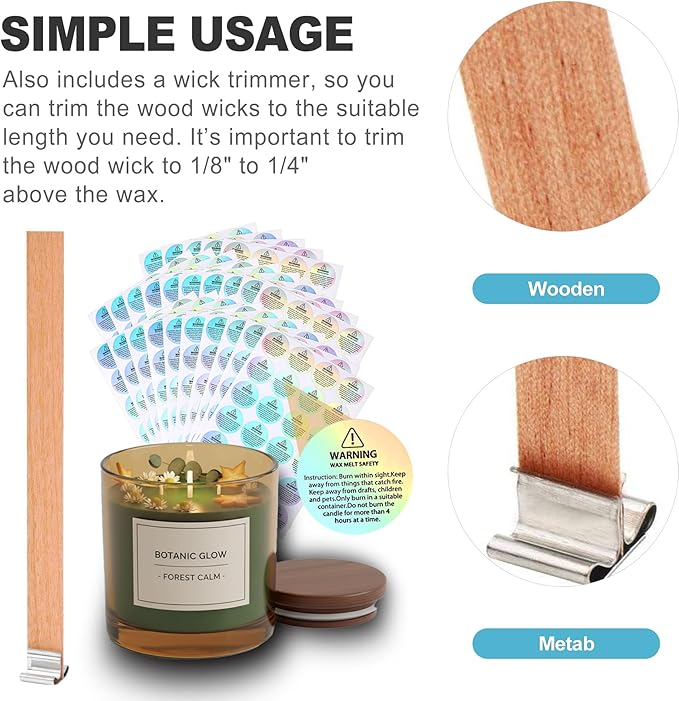 CoguZed 50-Piece Wooden Candle Wicks with Iron Stand and Glue Dots (Suitable for Paraffin and Soy Wax)