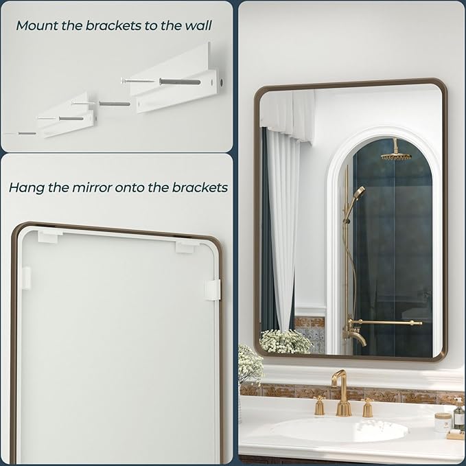 OKPAL 48X36 Bronze Framed Mirror, Bathroom Vanity Mirror with Brushed Metal Frame, Bronze Rectangle Bathroom Mirror, Round Corner, Anti-Rust, Shatterproof (Horizontal/Vertical)