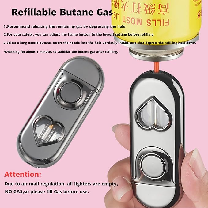 Torch Dual Flame Lighter with 6 Flint Stones, Windproof with Gas Window, Adjustable Soft & Jet Flame, Refillable Butane for Indoor Outdoor - Black