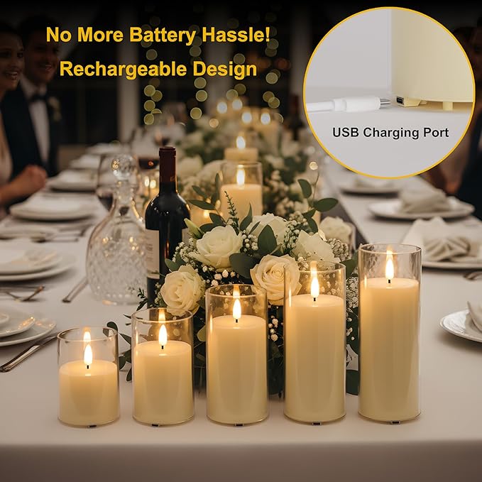 Rechargeable Flameless LED Candles, Flickering Candles, 5pc Pillar Candles for Valentine's Day, Wedding, Centerpiece Table Decorations, Home Decor, Anniversary