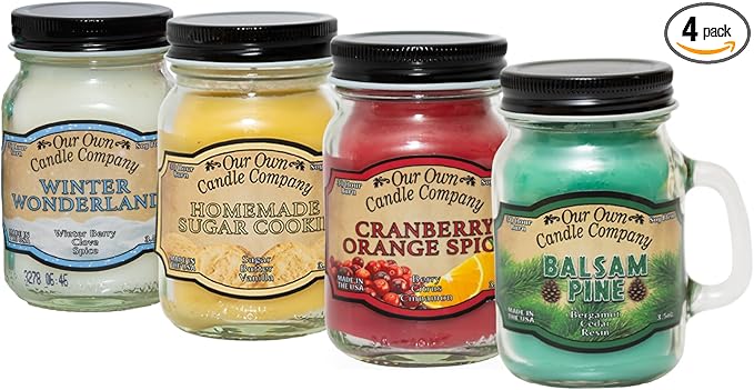 Our Own Candle Company 4 Pack Mini Mason Jar Candles - 3.5 Oz Balsam Pine, Cranberry Orange Spice, Homemade Sugar Cookie, Winter Wonderland