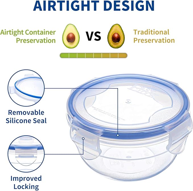 KIGI Small Plastic Bowls with Lid, Leak Proof Round Food Storage Container Set for Meal Prep, Lunch & Soup, 4 Sided Locking Lid, Airtight, BPA-Free Plastic, 10 oz / 1.25 Cup, 8 Piece set