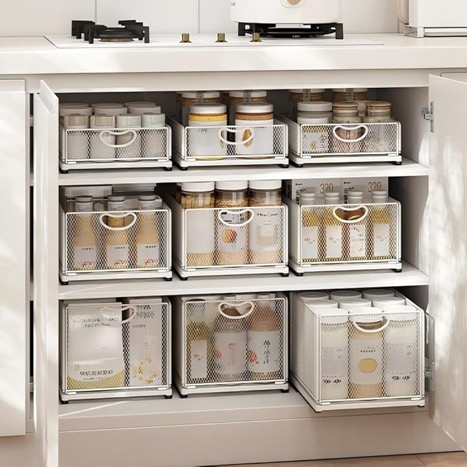 2 Pack Pull Out Cabinet Organizer, No Drill Adhesive Sliding Drawers for Kitchen, Metal Mesh Wire Storage Shelf for Pantry & Under Sink, White (9.6" W x 15.7" D x 8.4" H)