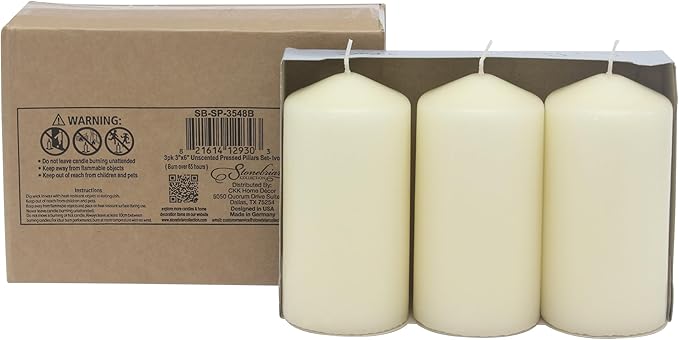 Stonebriar 3 Pack Tall 3 x 6 Inch 65 Hour Long Burning Unscented Ivory Wax Pillar Candles