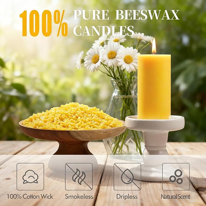 Beeswax Pillar Candles 4 Packs,100% Bees Wax Candles for Home-140 Hours Long Burning for Emergency, Natural Beeswax Candle Bulk for Relax, Pure,Smokeless & Dripless