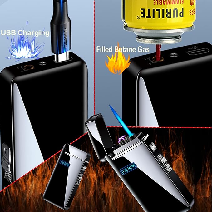 Electronic Lighter Jet Flame Torch Lighters 2 in 1, Refillable Butane Electric USB Rechargeable, Premium Windproof with LED Display Power Infinity for BBQs,Candle,Camping Indoor (Silver Ice)
