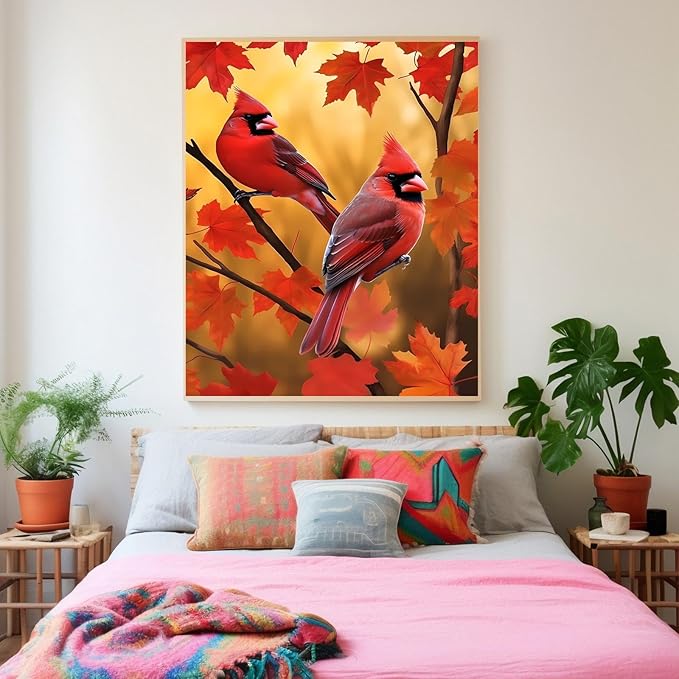 GUAIEUW DIY Diamond Painting Kit - Season Theme, 5D Full Round Diamond Autumn Red Birds Diamond Painting Art for Beginners, Room Wall Decor, Personalised Gift for Lover 20x30 Inch