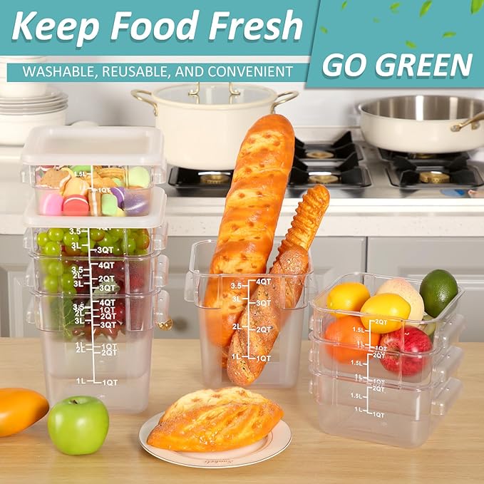Yungyan 16 Pcs Restaurant Food Storage Containers with Lids Set 2Qt and 4Qt Commercial Restaurant Square Storage Containers Clear Food Cereal Container for Kitchen Freezer (White Lids)