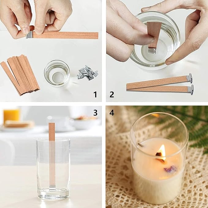 Extra Thick Wood Wicks for Candles Making 0.75 x 5.12 inch Crackling Wooden Candle Wick 100 PCS Natural Wooden Wicks for Candlemaking Wide Candle Wicks with Candle Wick Holders Metal Base
