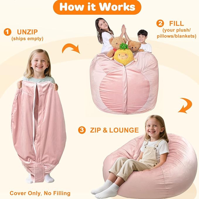 Lukeight Stuffed Animals Storage Bean Bag Chair Cover Only (Ships Empty, No Filling) - Velvet YKK Zipper Beanbag Cover for Toddlers and Kids, Washable Plush Toy Organizer, Large 27" D x 16" H