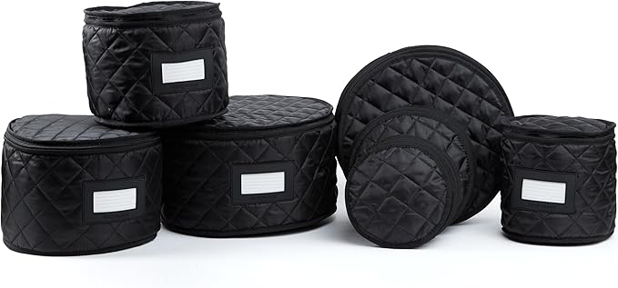Covermates Keepsakes Dish Storage Set – Padded China & Dinnerware Storage Cases with Dividers, Cup & Stemware Storage, Quilted Polyester Protection, ID Window, Black