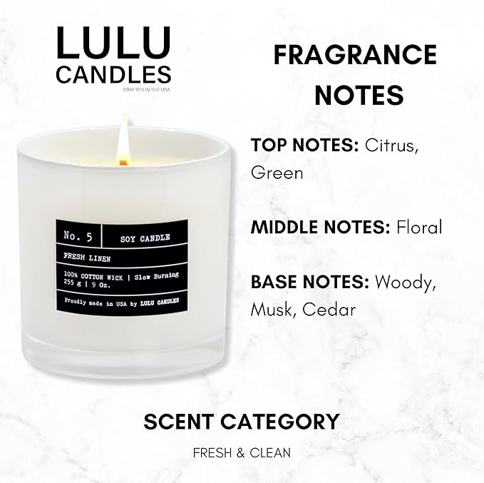 Lulu Candles | Fresh Linen | Smells Clean & Crisp | Luxury Scented Soy Jar Candle | Hand Poured in The USA | Highly Scented Long Lasting (9 Oz.)