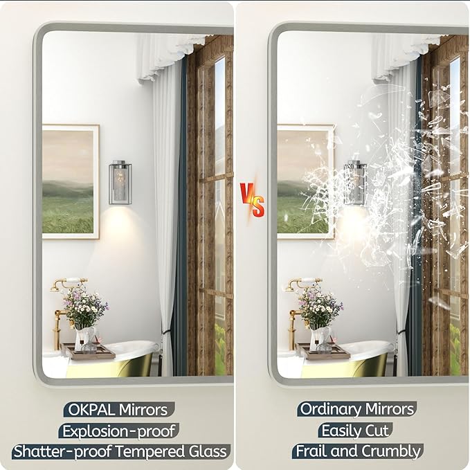 OKPAL 66x36 Silver Bathroom Mirror for Wall, Brushed Metal Framed Bathroom Vanity Mirror, Modern Rounded Corner Rectangle Mirror, Anti-Rust (Horizontal/Vertical)