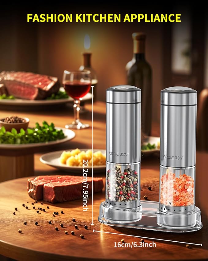 CIRCLE JOY Battery Operated Electric Salt and Pepper Grinder Set with Base, Stainless Steel Pepper Mills with 95ml Container, White LED Light and External Adjustable Coarseness, Silver