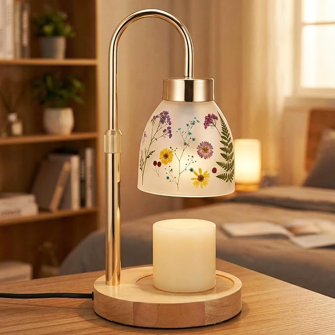 Baquler Pressed Flower Candle Warmer Lamp with Timer Dimmable Adjustable Height Vintage Boho Flower Candle Wax Lamp Housewarming Gifts for Women Mom Birthday Home Bedroom Decor(Transparent Style)