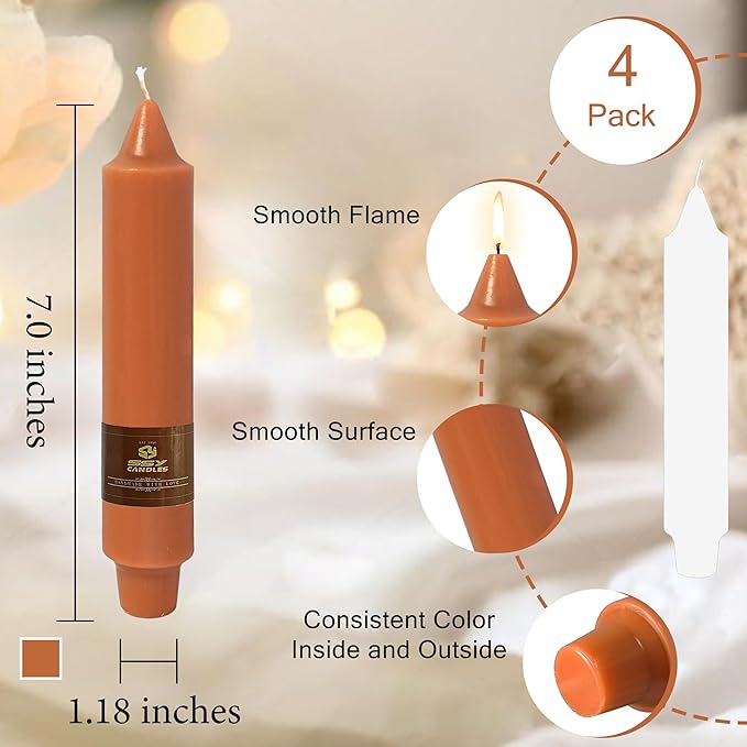 4 Pack Handmade 7 inch Pumpkin Taper Candles Sticks Unscented Short Tapered Candle Ideal as Smokeless Long Burning Candlesticks for Halloween Thanksgiving Dinner Autumn Wedding Home Decor Candles
